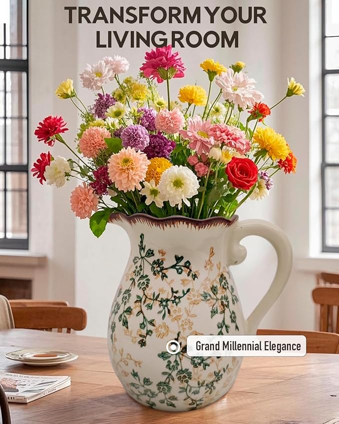 Vintage Ceramic Flower Pitcher Vase Home Decor - Tabletop Rustic Large Vase for Decor Living Room Bookshelf Office Kitchen Cottage, White Vases for Bouquet, with Handle | Grand Millennial | 8.3inch