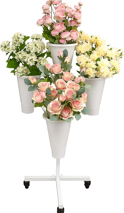 Flower Display Stand with Buckets - Flower Cart with Wheels for Bouquet Shop, Metal Flower Rack Display Stand for Wedding Garden, Party, Events (White, Round buckets)
