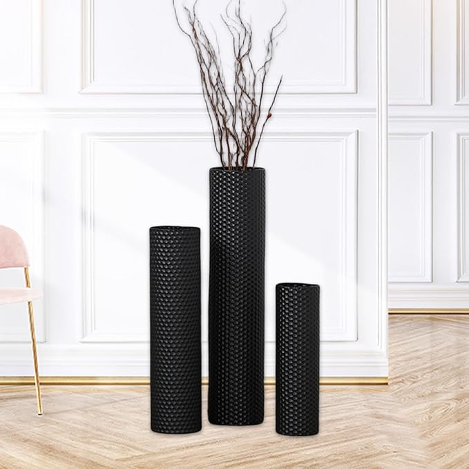 3Pcs Floor Vases Set Flower Container Creative Floral Arrangement Metal Floor Standing Decorative Cylinder Vase for Fireplace