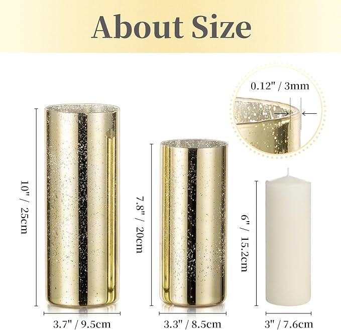 Glass Cylinder Vases Set of 12, Hewory Glittery Gold Vase for Centerpieces, Glass Hurricane Candle Holders for Pillar Floating Candle, Tall Round Vase for Wedding Anniversary Events Home Table Decor