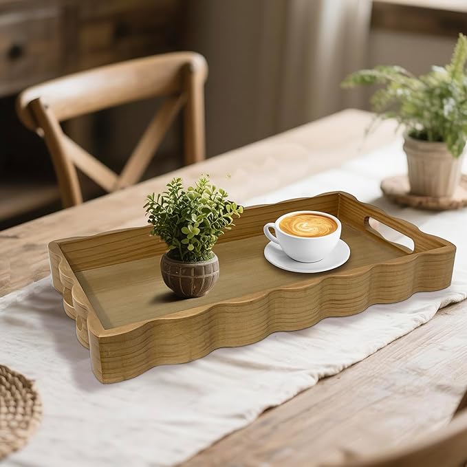Pine Wood Decorative Tray with Handle, Light Brown | Rectangular, Wooden Serving Tray, For Breakfast in Bed, Coffee Table & Dining Table Use, Living Room & Bedroom Decor
