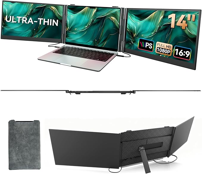 14" Triple Laptop Screen Extender, Ultra-Thin Lightweight FHD 1080P IPS Laptop Monitor Extender Portable, Extended Screen for Laptops 13-17.3" Compatible with Wins Mac Chrome Dex Phone Travel Work