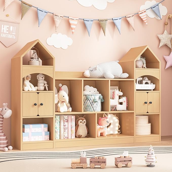 Castle Shape Children's Bookshelf, Kids Bookcase Display Case Kids Toy Storage Organizer Multifunctional Storage Cabinet Bookshelf Suitable for Playroom, Children's Room, Living Room, Oak