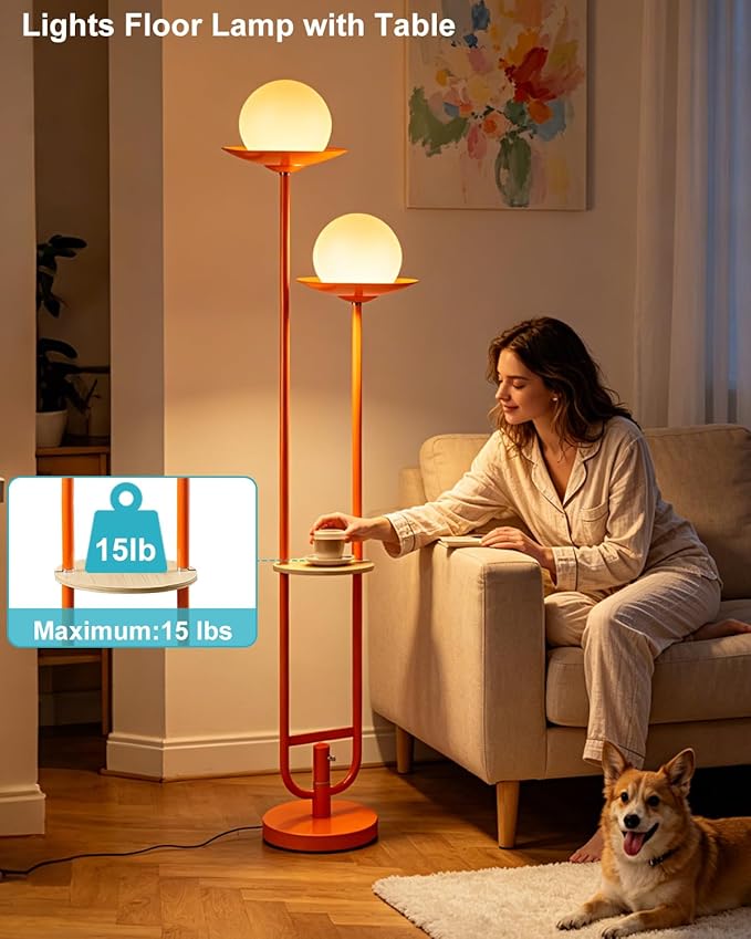 63IN Globe Floor Lamp with Shelf 2-Lights Modern Dimmable Floor Lamps with 3000K Soft Warm White Bulbs for Wedding/Party, Orange Tall Standing Lamp for Living Room/Bedroom/Home Office