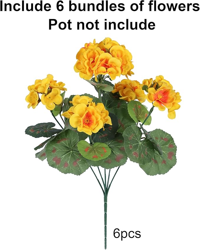 Fake Geraniums Artificial Flowers for Outdoors Winter Decoration, 6 Bundles Silk Geraniums UV Resistant Look Real Yellow Faux Flowers Plants for Front Door Garden Planter Patio Balcony Yard Home