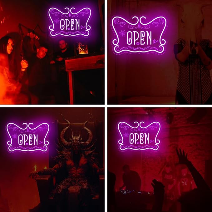 Gothic Open Neon Sign LED Wall Light for Witchy Shop Spooky Café Halloween Decor Crystal Store Tattoo Studio and Mystic Boutique Room Game Kids Room Man Cave Party Decor Party Supply Ba