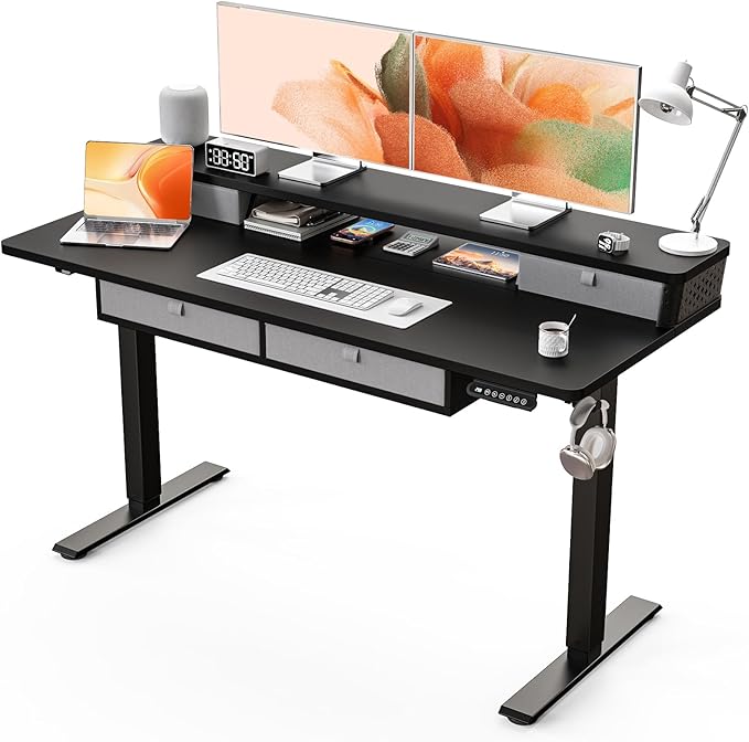 Electric Standing Desk with 4 Drawers 55''x 24'' Adjustable Height Sit to Stand Up Desk with Storage Shelf, C-Clamp Mount Compatible Black Home Office Desks Computer Gaming Table Ergonomic Workstation