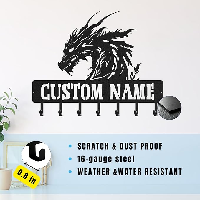 LOWACOS Personalized Dragon Key Holder, Custom Metal Dragon Key Hooks with Name, Large Black Metal Wall Hooks Rack, Custom Jacket Organizer for Gameroom, Bedroom, Entryway, Gifts for Men(8in)