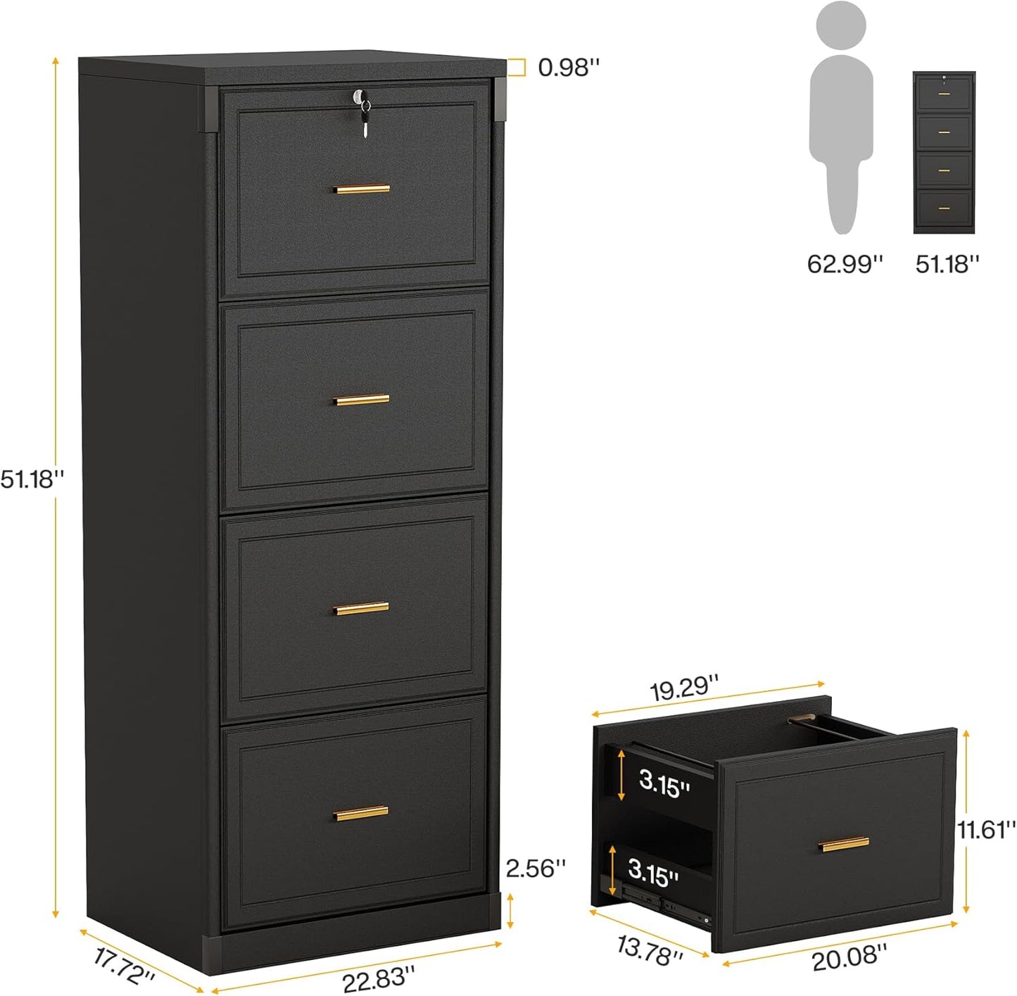 Tribesigns 4-Drawer File Cabinet - Lockable Wooden Filing Cabinet for Home Office | Black, Vertical Storage for Legal/Letter/A4 Files