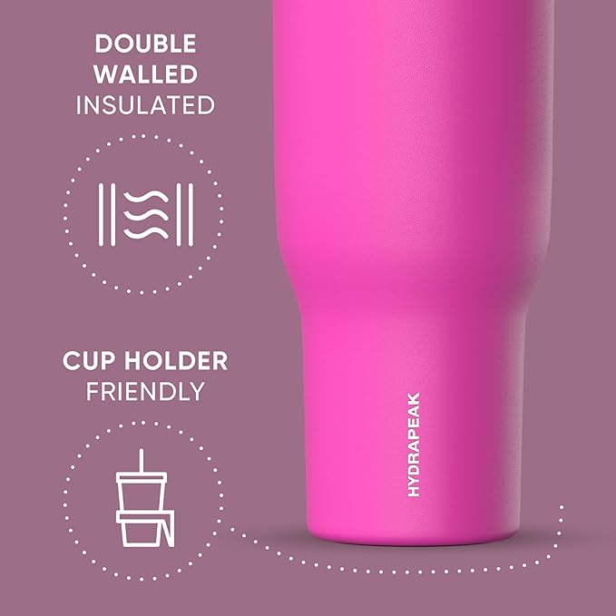 Hydrapeak Voyager 40 Oz Stainless Steel Tumbler with Handle, Insulated Water Bottle With Straw & Lid, Cupholder Friendly Reusable Travel Mug (Fuchsia)