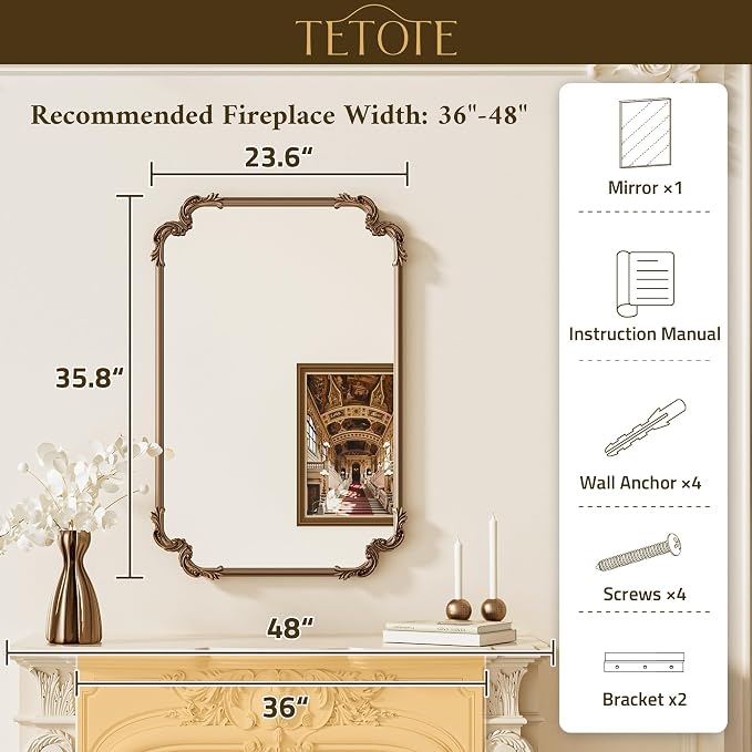 TETOTE Antique Gold Brass Rectangle Mirror for Mantle Fireplace 24 x 36 Baroque Vintage Ornate Scroll Wall Mirror with Metal Frame for Traditional Victorian French Decor, Horizontal/Vertical
