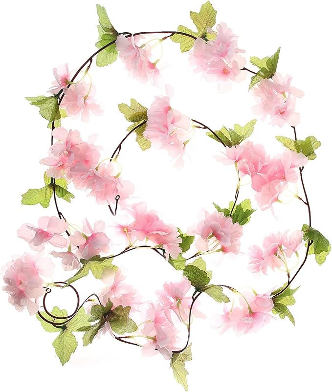 2Pcs Artificial Cherry Blossom Flower Garland Silk Fake Hanging Flower Vines for Home Wedding Decoration 7.2FT, Light Pink