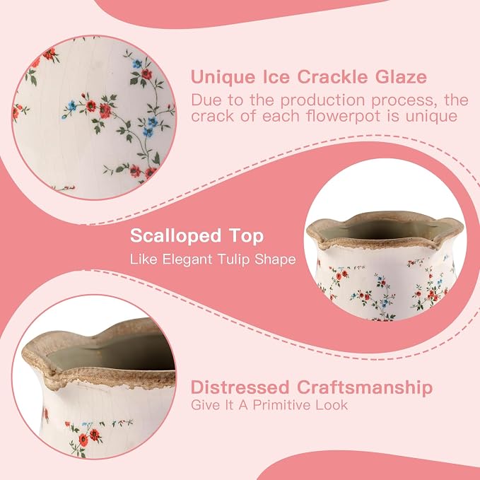 Ceramic-Planters-for-Indoor-Plants with Saucer, 6 inch Vintage Ice Crackle Glaze Plant Pots with Drainage Holes, Decorative Flower Pots for Outdoor Garden Home Decor, Tuscan Pot for Plant