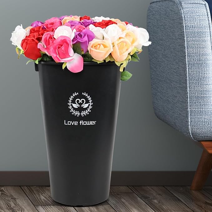 4 Pcs Plastic 15.95 inch High Flower Buckets with Cut-Out Handles, French Rustic Farmhouse for Cut Flowers, Decorative Vases