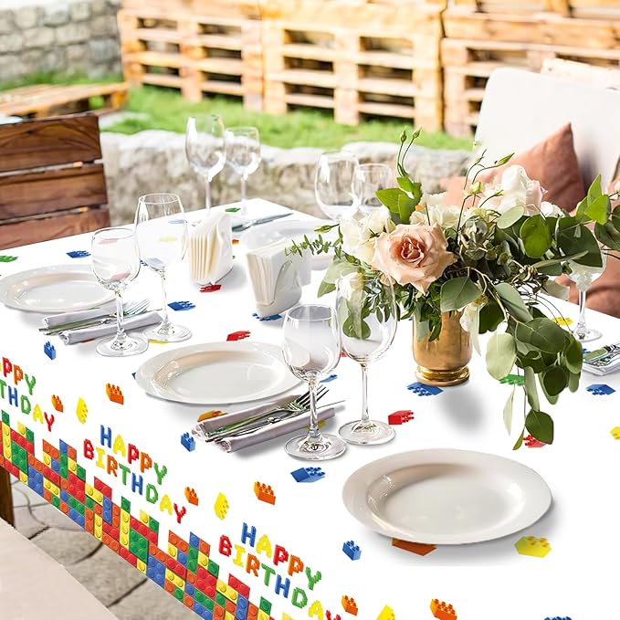 3 Pack Building Block Party Tablecloth Building Block Disposable Plastic Table Cover for Children Kids Blocks Birthday Party Supplies, 54 x 108 Inch