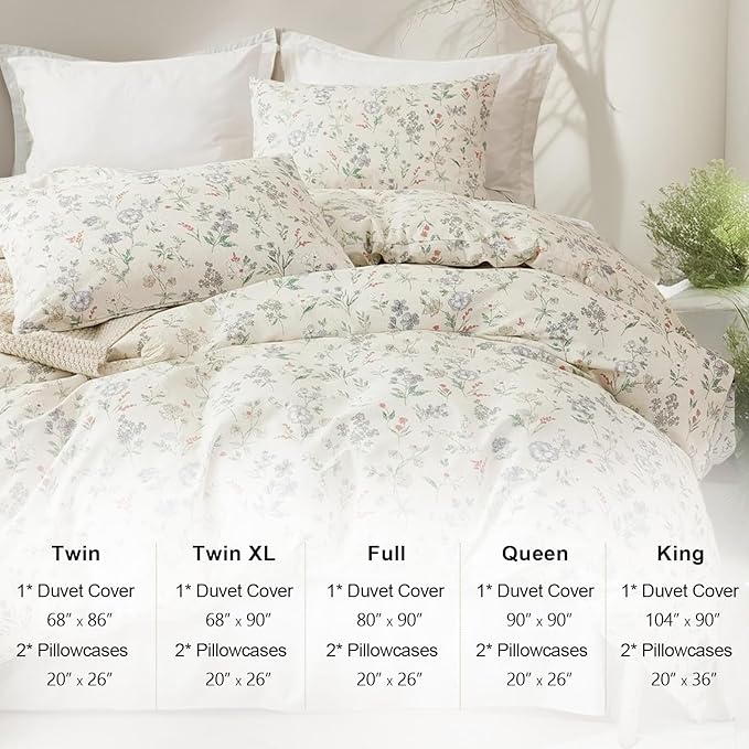 EAVD Vintage Garden Floral Duvet Cover King Soft 100% Cotton Chic Spring Leaves Floral Bedding Set with 2 Pillowcases Fresh Reversible Botanical Comforter Cover with Zipper Closure