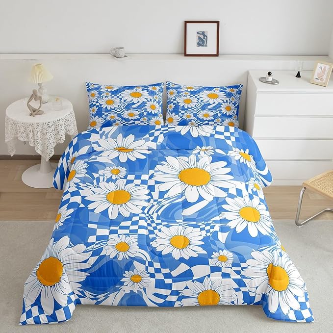 Castle Fairy Kids Abstract Queen Size Comforter Set,White Daisy Flowers Down Comforter Adults Bedroom Decor,Blue Zebra Stripes Geometric Plaid Ultra Soft Microfiber Inner Fill 3Pcs Bedding
