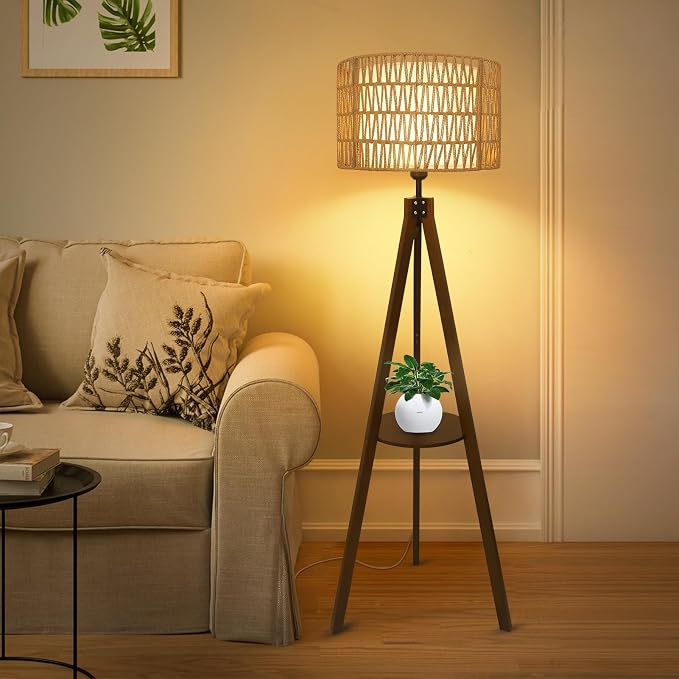 LAMSU Boho Tripod Floor Lamp with Shelves, Mid Century Wood Standing Lamp with Rattan & Fabric Shades, ON/Off Foot Switch, Modern Farmhouse Tall Floor Lamps for Living Room Bedroom Office