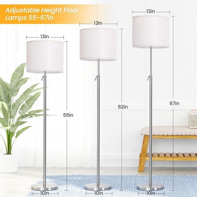 Modern Floor Lamp for Living Room and Bedroom- 55"-67" Height Adjustable Standing Lamps with Dimmable LED Bulb and Remote Control-Bright Tall Stand Light with Shade for Corner Lighting （Silver）