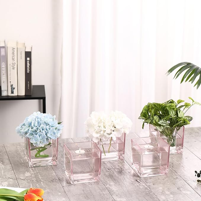 Square Pink Glass Vases Set of 6, 5" x 5" x 5" Flower Vases for Centerpieces, Square Vase for Centerpieces, Small Vase for Wedding, Party, Home Office Decoration