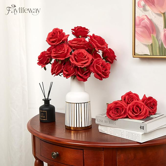 20PCS Artificial Red Roses, 3.9'' Silk Flower Head Fake Red Rose with Long Stems, Realistic Faux Roses Bouquet for DIY Wedding Home Party Office Decoration