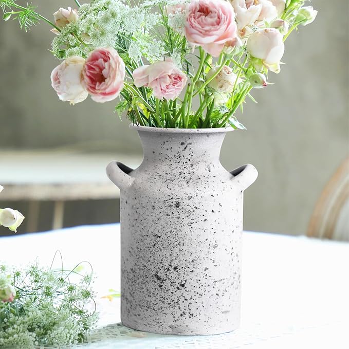 Rustic Vintage Metal Flower Vase for Decor Milk Jug Small Vases for Flowers Kitchen Decorations, Cylindrical,Perfect for Kitchen, Dining Room, Living Room,Housewarming Gift,White