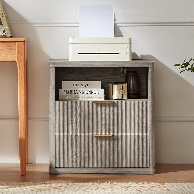 LEYAOYAO Fluted Farmhouse Nightstand Set of 2 with Charging Station, 23" Wide 2 Drawers End Table,Grey Dresser for Bedroom,Bed Side Table Chest of Drawers Cabinet,Wood Night Stand for Living Room