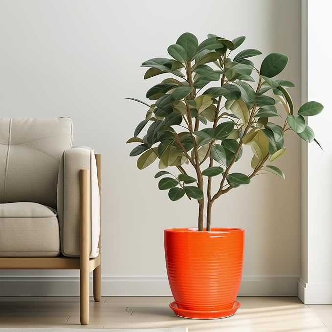 10 Inch Plant Pot, Ceramic Planters for Plants with Drainage and Saucer, Orange