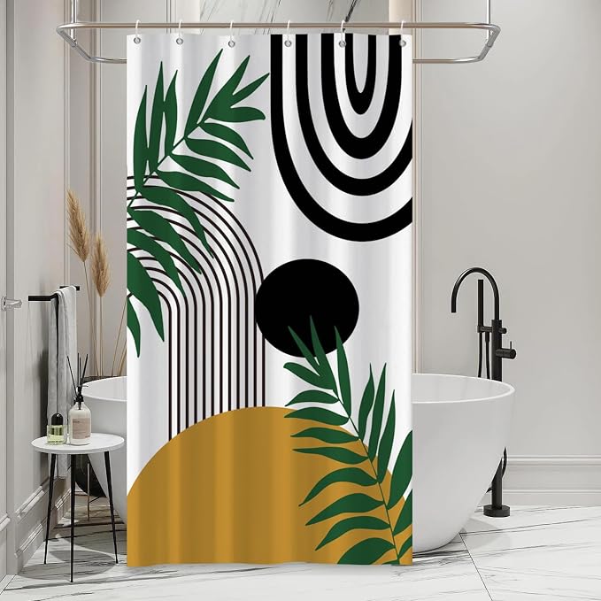 Boho Mid Century Shower Curtain Bohemian Abstract Modern Sun Bathroom Curtain Geometric Arch Curve Leaves Polyester Shower Curtain Sets for Bathroom Extra Long 36x72 in with 6 Hooks