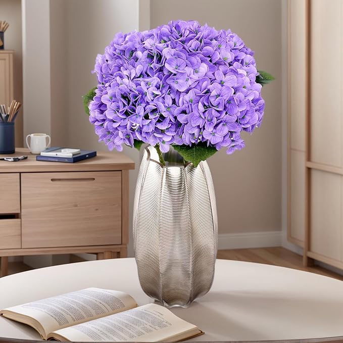 Kimura's Cabin 5Pcs 21inch Lifelike Faux Hydrangea Flowers Real Touch Latex Hydrangeas Long Stem with Leaves Artificial Hydrangea Bouquet for Home Wedding Baby Shower Birthday Party Decoration（Purple）