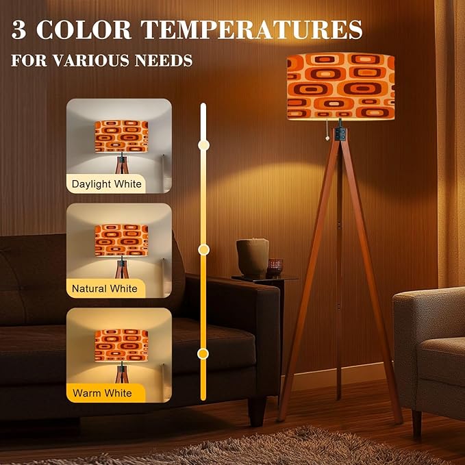 Wood Tripod Floor Lamp 70s Retro Seamless Pattern Orange Brown Yellow Beige 60s 70s Retro Mid Century Standing Lamp Linen Shade Dimmable Modern Tall lamp Home Decor for Living Room Bedroom Office