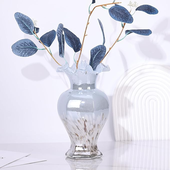 9.5" Tall Blue Glass Vase Beautiful Hand Blown Glass Decor Flowers Vases for Centerpieces, Modern Murano Glass Art Colorful Blue and White Vase, for Home Decor Table Entryway Wedding Decoration