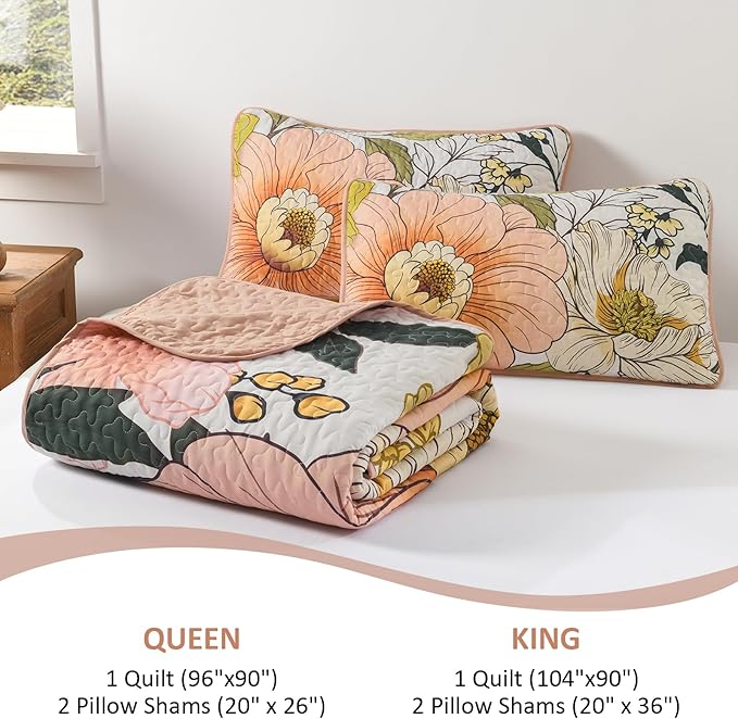 Dintszyayue Pink Quilt Set Queen,3 Pieces Floral Bedspreads Lightweight Coverlet Set for All Seasons, Reversible Quilted Printed Bedding Set with 2 Pillow Shams