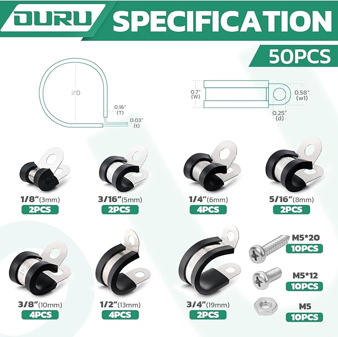 OURU 50PCS Cable Clamps with Screws Assortment Kit 304 Stainless Steel Rubber Coated Cushioned Insulated Cable Clamp,Automotive Wire Pipe Clamps 7 Sizes—1/8" 3/16" 1/4" 5/16" 3/8" 1/2" 3/4"