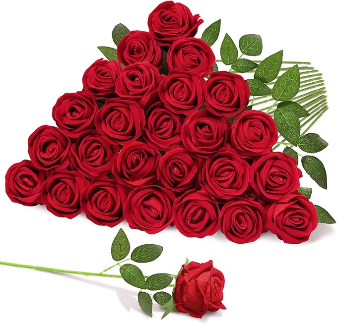 22 Pcs Artificial Roses - Realistic Velvet Flowers with Stems, Bulk Faux Roses for Home Wedding Party Decor (red)