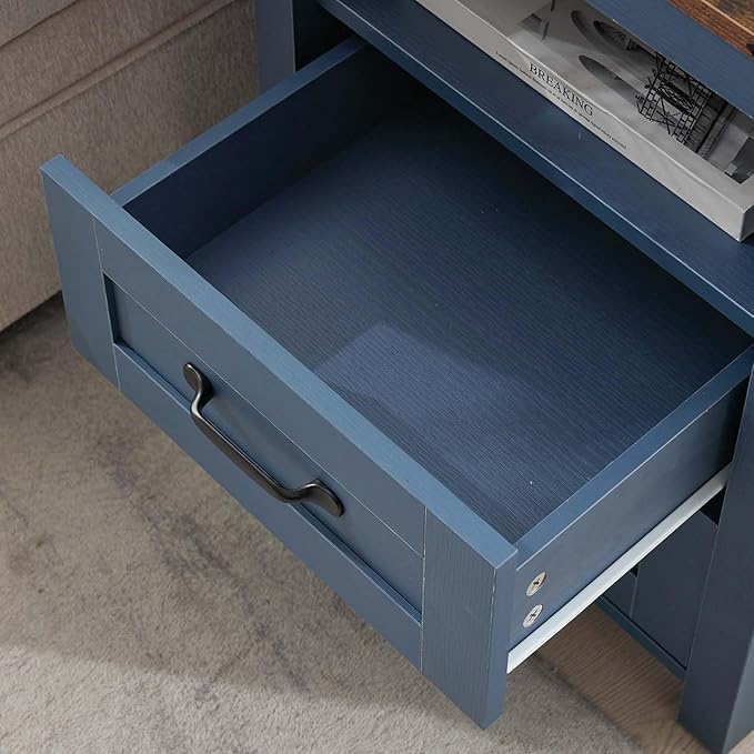 Farmhouse Night Stand, Rustic Blue Nightstand for Bedroom, End Tables with Charging Station, Bedside Table with Drawers, Wood Bedside Cabinet Dresser