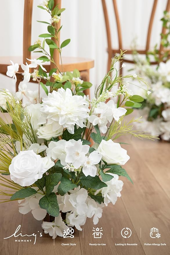Ling's Moment 17.5" Tall Free Standing Artificial Flowers Arrangements 2 pcs Wedding Aisle Runner Chair Decorations Lily White Green Centerpieces for Ceremony Reception Rose Floral Floor Party Outdoor