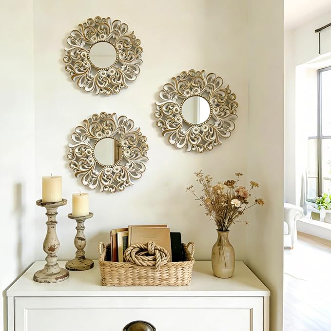 DXYAKY 3 Pack Floral Ornate Decorative Wall Mirror - Elegant White with Gold Accents, 9.8" Plastic Round Mirror Set, Lightweight Wall Art Décor for Bedroom, Bathroom, Living Room & Entryway