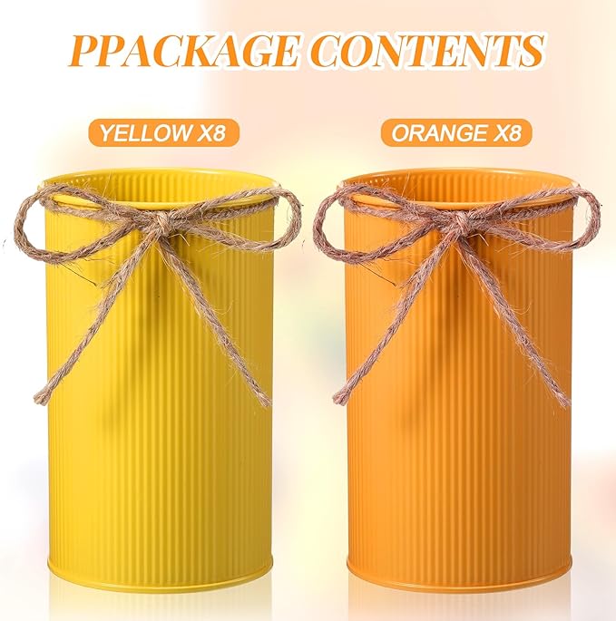 Domensi 5.91 in High Farmhouse Vase Decor Galvanized Metal Flower Vase with Twine Bow Vintage Rustic Tin Flower Buckets for Artificial Floral Table Container DIY(Yellow, Orange,16 Pcs)