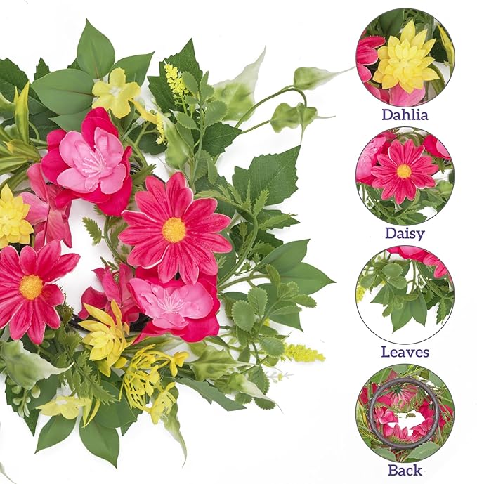 WELL KNOWN 2 Pcs Mini Spring Floral Candle Rings Wreaths for Pillars Home Table Window Decor, 9 Inches Artificial Flower Cabinet Wreath for Kitchen Farmhouse Wedding Party (Fuchsia Pink & Yellow)