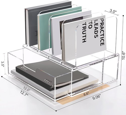 SANRUI Acrylic Desk Organizer - Clear Sliding Drawer with 4 Vertical Compartments for Office Supplies