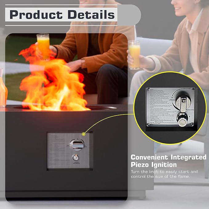 2-Piece 48" Rectangular Propane Fire Pit for Outside Patio with Hidden Tank Table & Ice Bucket, 50,000 BTU Fireplaces with Lid, Glass Rocks, Cover(Black w/Ice Bucket)