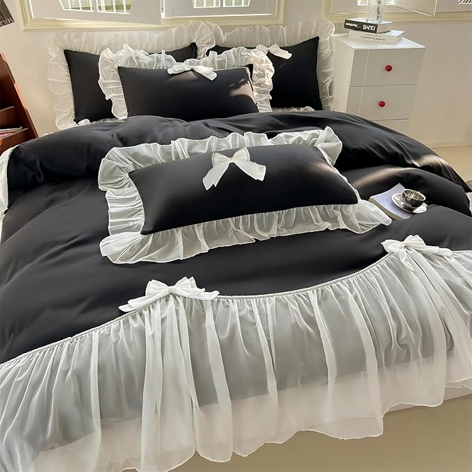 Girls Lace Bedding,Queen Comforter Cover Set, Chic Ruffled Duvet Cover with Lovely Bow,Princess Style 1 Duvet Cover with 1 Pillowcases, No Comforter-Black,Twin Size