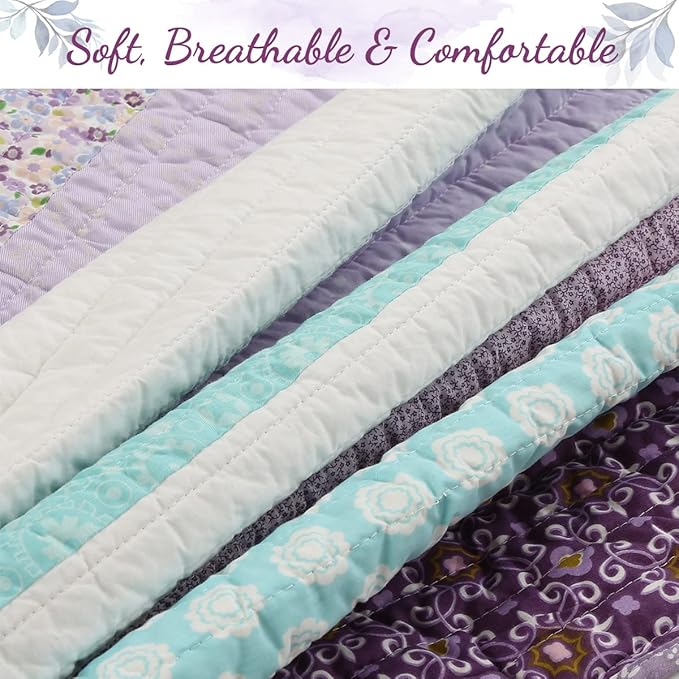 Cozy Line Home Fashions Purple Baby Blue Floral Striped Ruffle Girl 100% Cotton Reversible Quilt Bedding Set, All-Season Coverlet Bedspread (Lilac Flower, Twin-2 Piece)