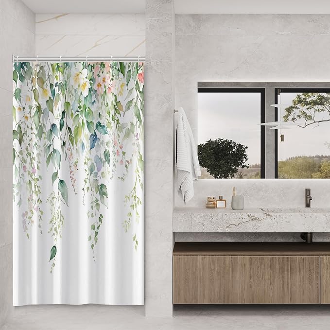 Sage Green Eucalyptus Shower Curtain Watercolor Botanical Floral Leaves Shower Curtain Set Spring Nature Bathroom Decor with 6 Hooks,36x72 Inches