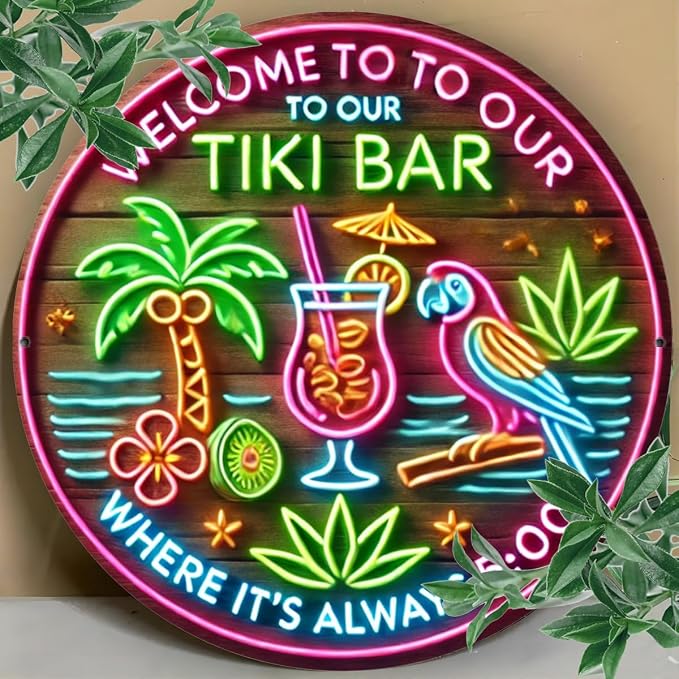 Welcome to Our Tiki Bar" Round Aluminum Sign - 8x8 Inches, UV & Scratch Resistant, Easy Hang for Indoor/Outdoor Decor