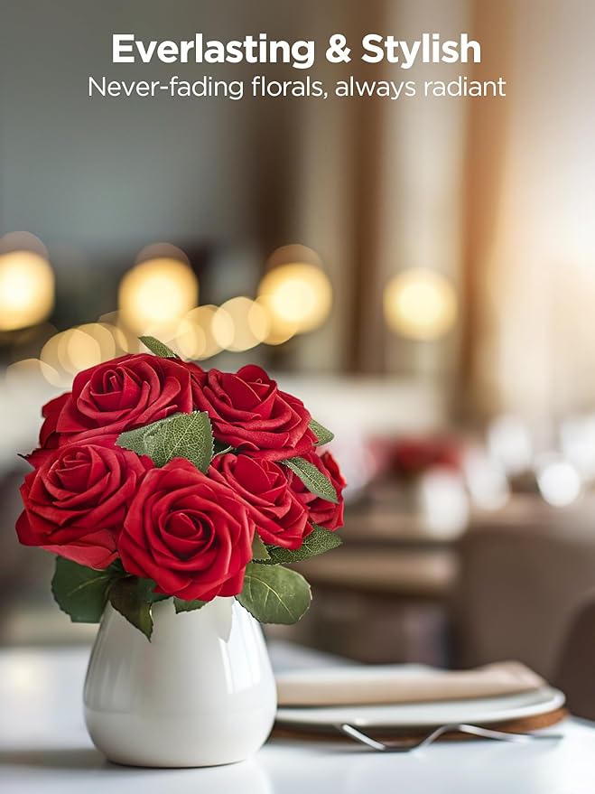 InnoGear Artificial Flowers, 100 Pcs Dark Red Foam Fake Roses Bulk with Stems for Decoration DIY Wedding Bouquets Centerpieces Bridal Shower Party Christmas Tree