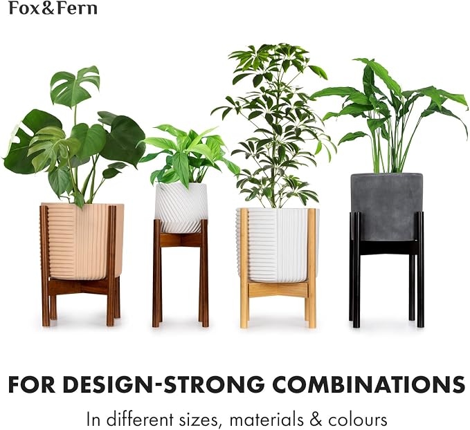 Fox & Fern Bamboo Plant Stand — 11.8 Inch Fixed Size Wooden Mid Century Planter Stand for Indoor Planters (Not Included) - Large Flower Pot Holder for Indoor Big Pots - Plug In Design - Bamboo