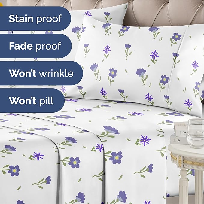 Floral Sheets - Purple Floral Bed Sheet Set - 1 Flat, 1 Fitted & 2 Pillowcases w/ Deep Pockets - Comfy, Wrinkle & Fade Free - Boho Botanical Bedding - Ultra-Soft, Breathable & Cooling - Queen Size Set