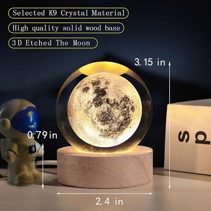 3D Moon Crystal Ball with LED Stand, Moon Figurine Decor Glass Sphere Lamp, Space Planet Globe Night Light Gifts for Women Men Mom Kids